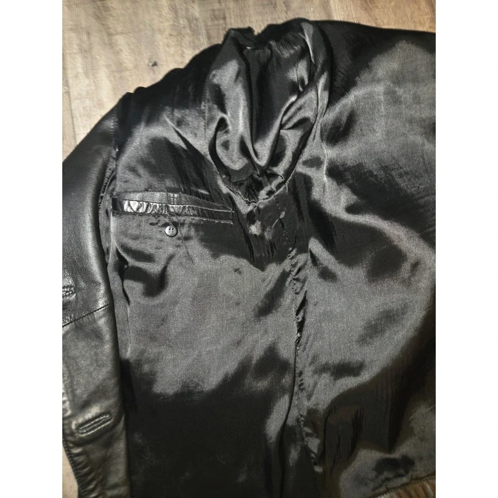 Casual Corner Vintage Black Leather Double Breasted Pea Car Coat Womens Sz 10/M